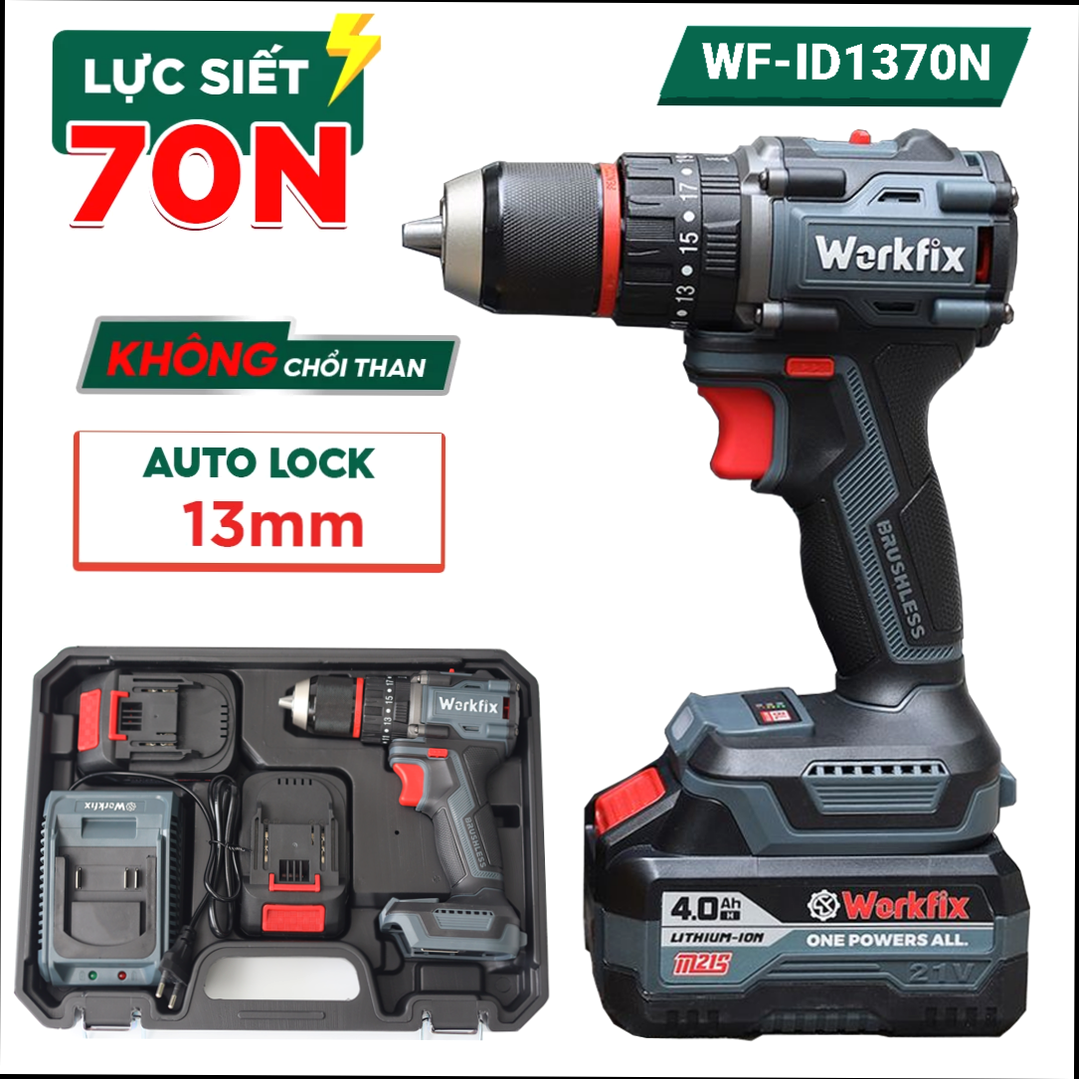 Máy khoan pin 13mm Workfix WF-ID1370N Lực siết 70N.m Autolock Không chổi than, bộ 2 Pin 10Cell ,chân pin phổ thông