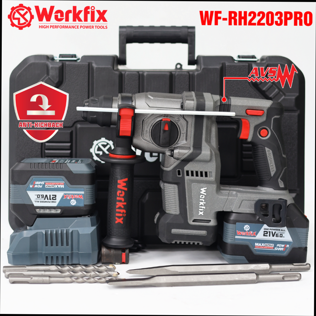 Máy khoan bê tông Workfix WF-RH2203PRO, khoan chống rung AVS, chống lật cổ tay Antikickback