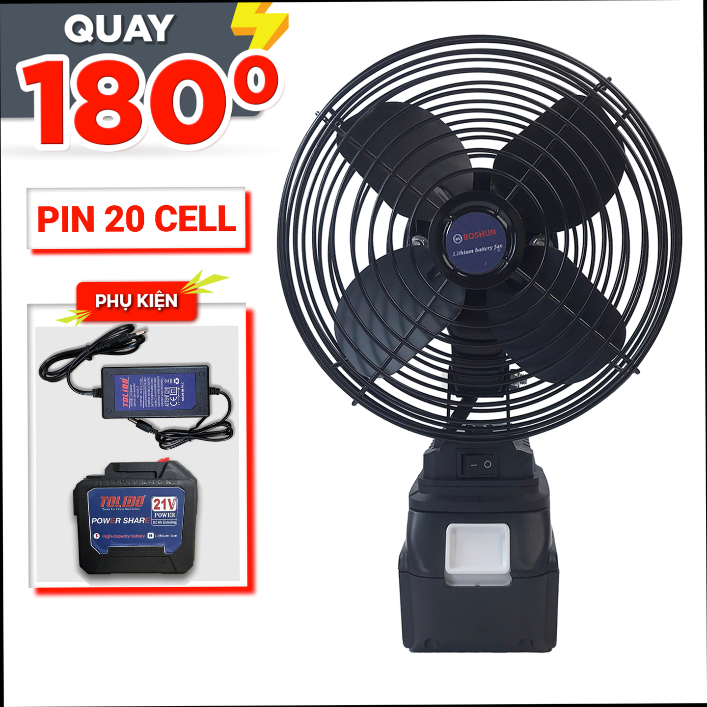 Quạt tích điện chạy pin lithium đường kính 8 inch BS-Q1203