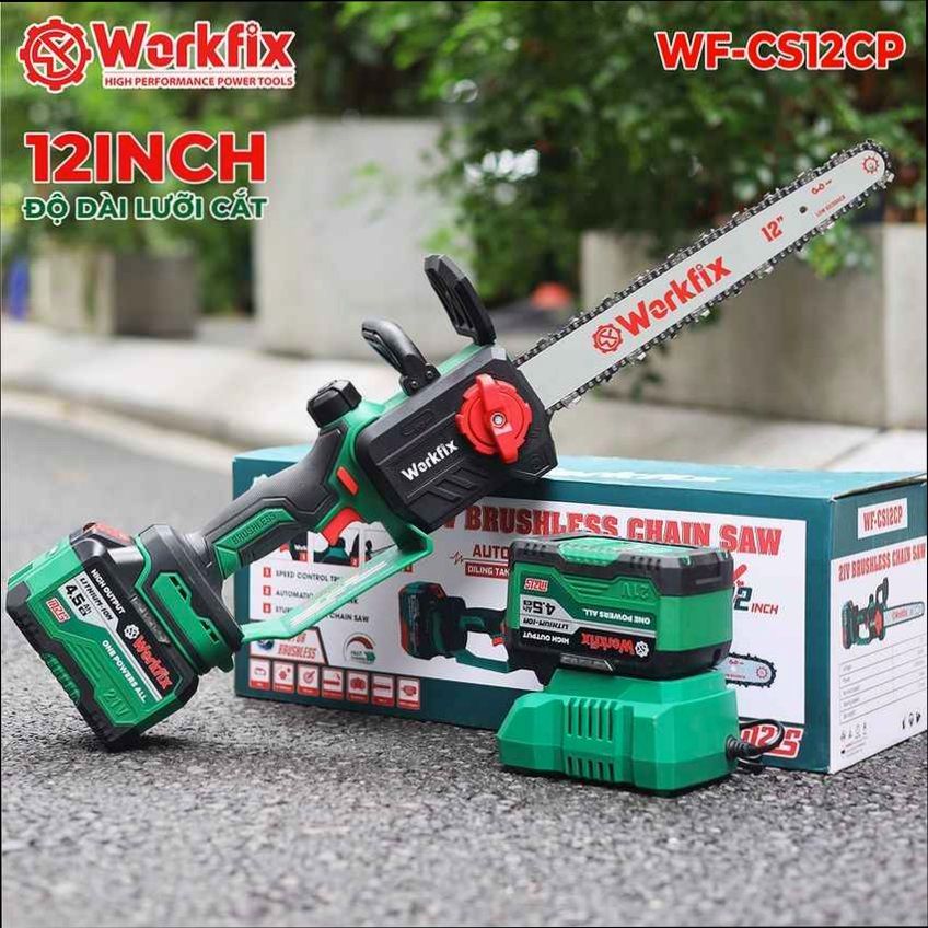 Máy cưa xích 12inch dùng pin WORKFIX WF-CS12CP, Không chổi than, Tra nhớt tự động