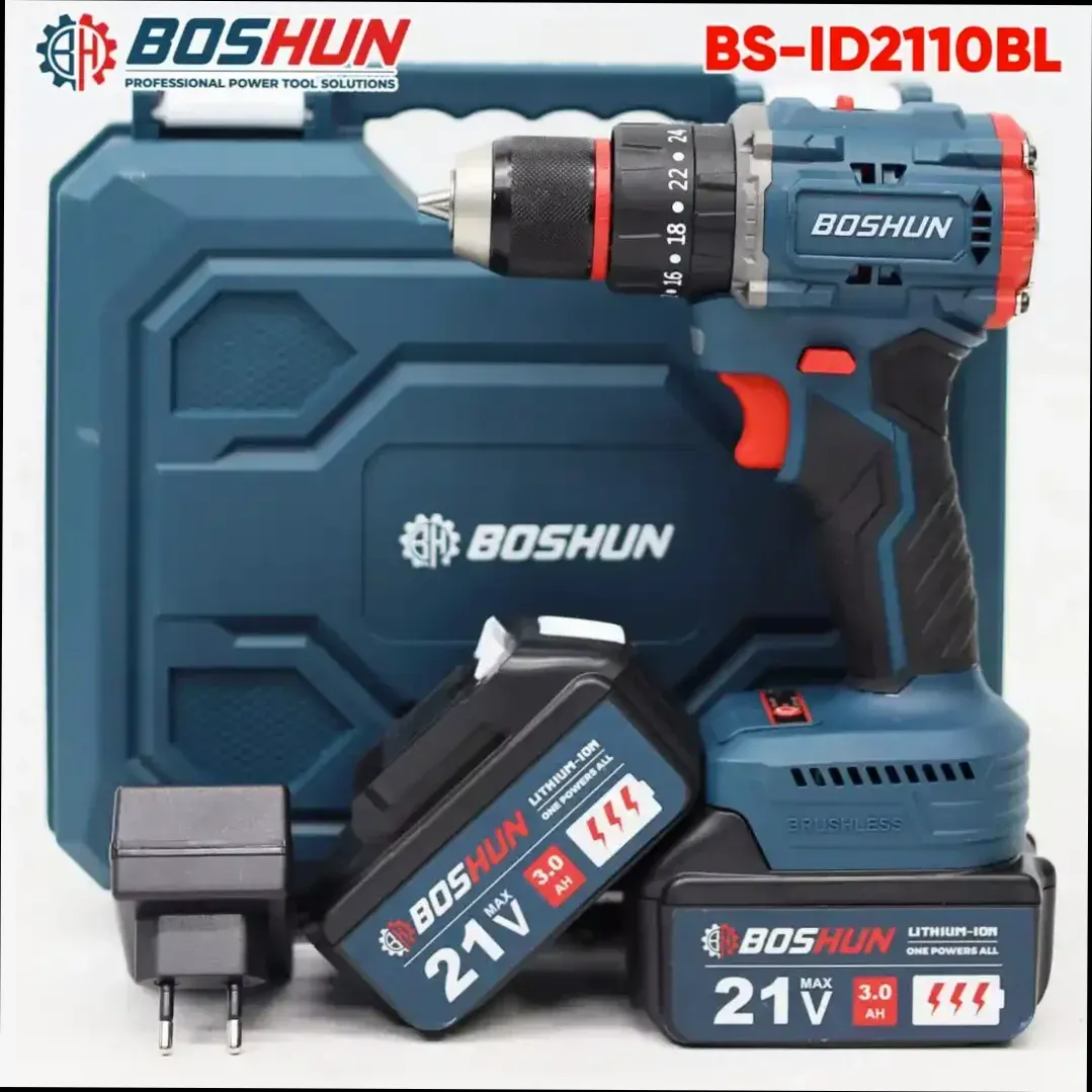 Máy khoan pin Boshun BS-ID2110BL, 2 pin 10 cell, lực siết 55 N.m, 3 chức năng, đầu kẹp autolock 10mm