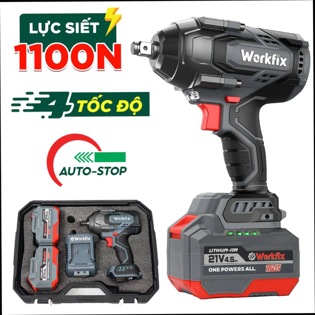 Máy Siết Bulong Workfix WF-IW1100N, lực siết khủng 1100N, mở vặn ốc xe tải, ô tô, xe máy