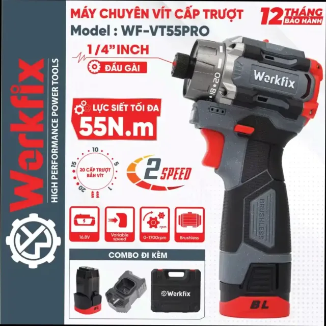 Máy chuyên vít cấp trượt Workfix WF-VT55PRO lực 55N, đầu gài vít 1/4 inch