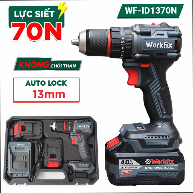 Máy khoan pin 13mm Workfix WF-ID1370N Lực siết 70N.m Autolock Không chổi than, bộ 2 Pin 10Cell ,chân pin phổ thông
