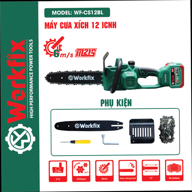 Máy Cưa Gỗ Cầm Tay Workfix WF-CS12BL 21V - Lam Xích 30cm Kèm 2 Pin 15 Cell