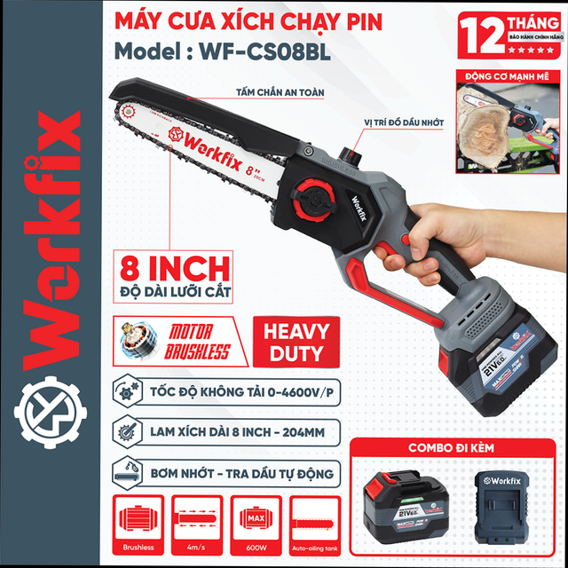 Máy cưa xích pin 8inch WORKFIX WF-CS08BL, Tra Nhớt Tự Động, không chổi than