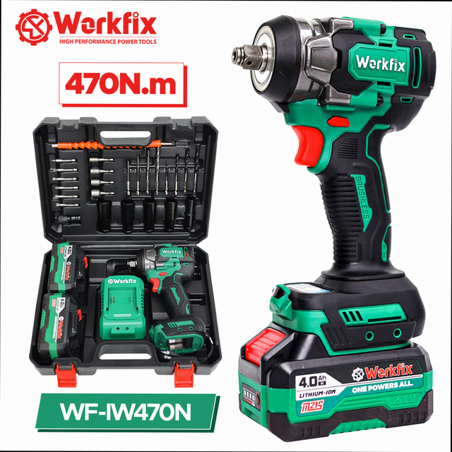 Máy siết bulong dùng pin WORKFIX WF-IW470N, lực siết 470N.m, đầu 2 trong 1, tặng bộ phụ kiện 25 chi tiết