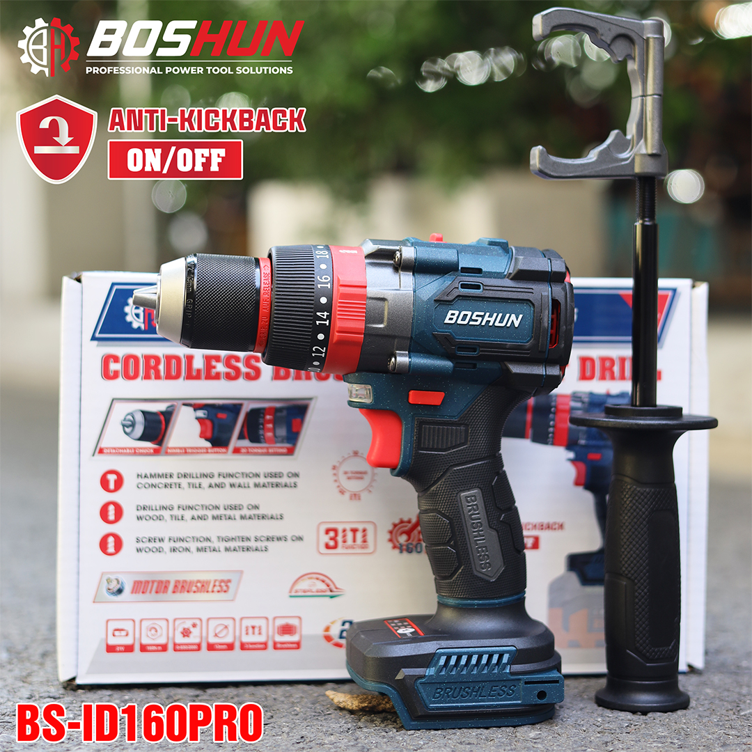 Máy khoan pin Boshun BS-ID160PRO (160N.m) - Anti Kickback, Đầu 13mm Autolock